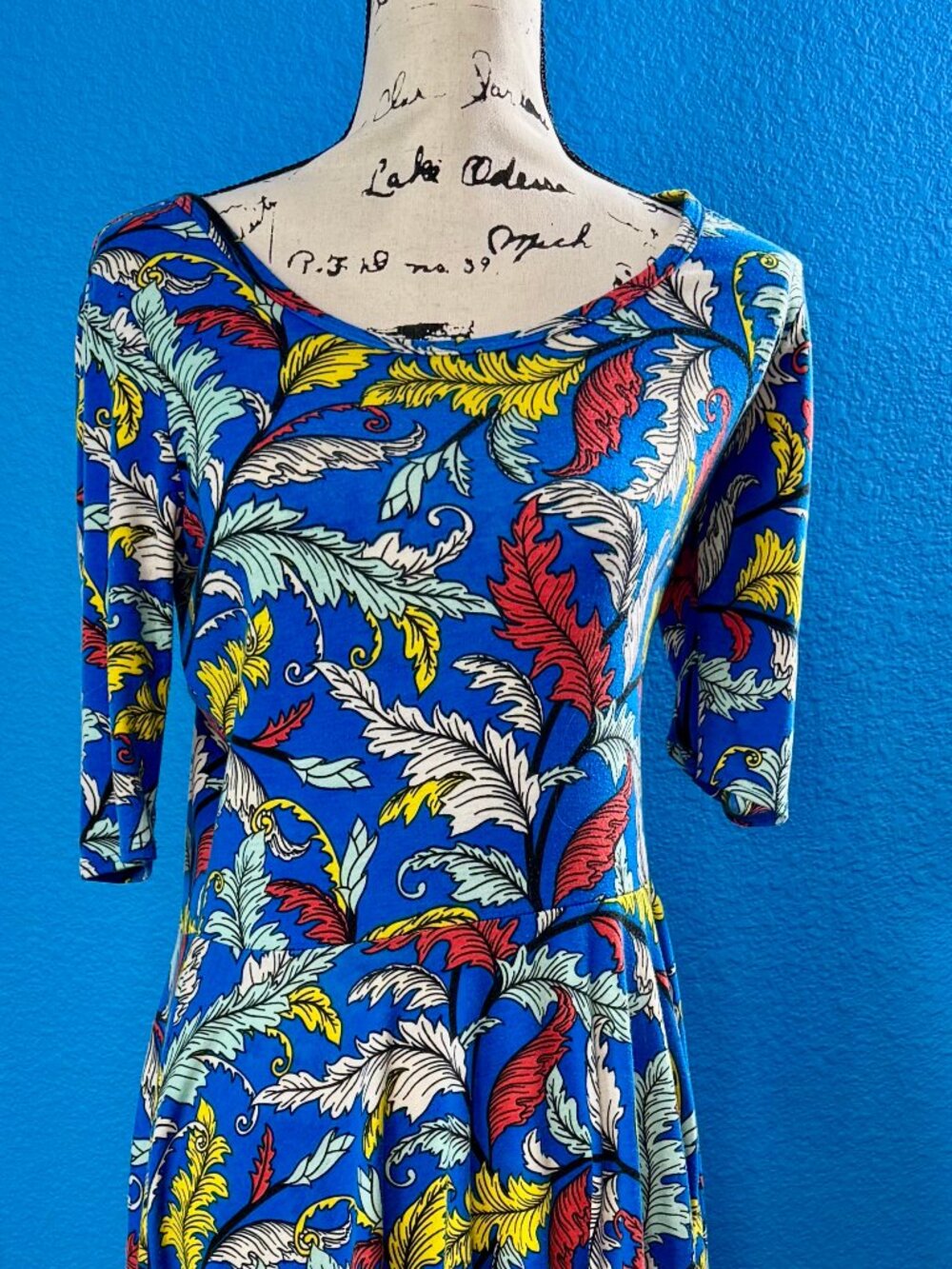 LuLaRoe Nicole Dress Blue Multicolor Leaf Print L